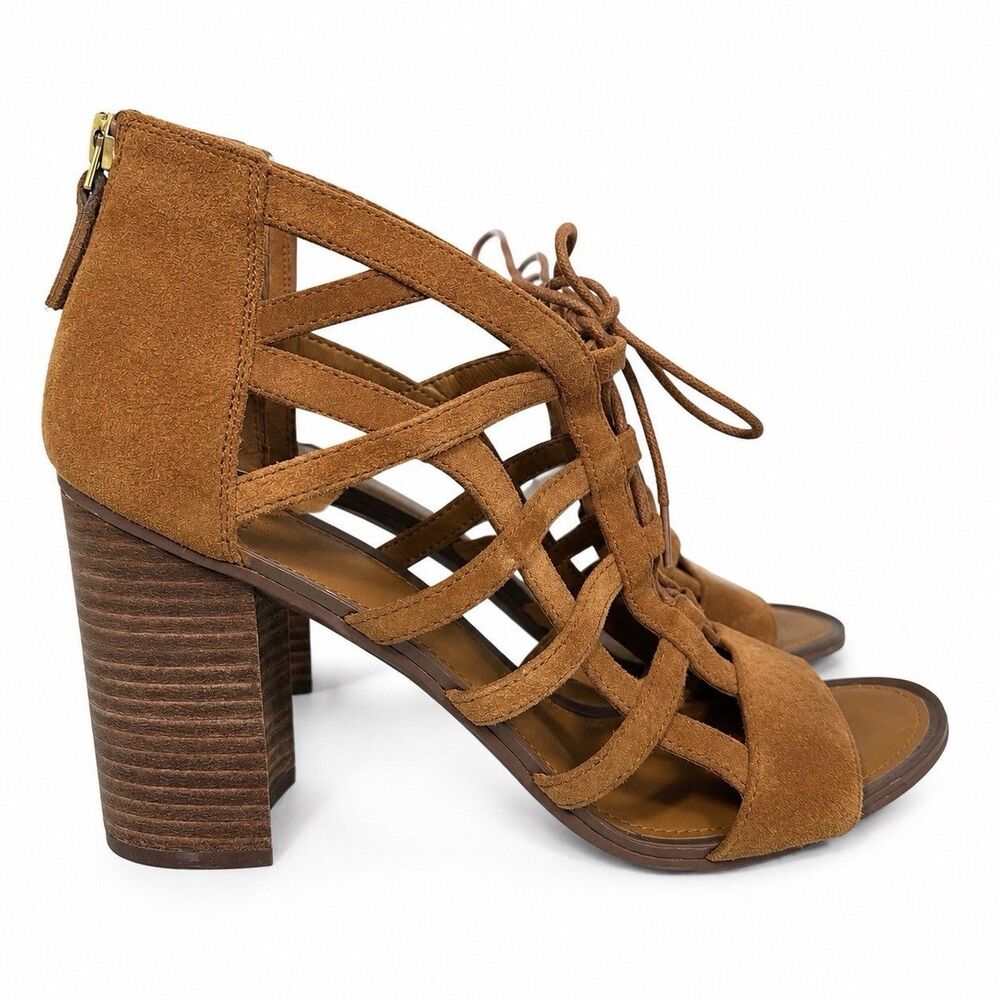 Franco Sarto Womens 10M Brown Suede Gladiator Sandals Lace Up Block Heel Boho